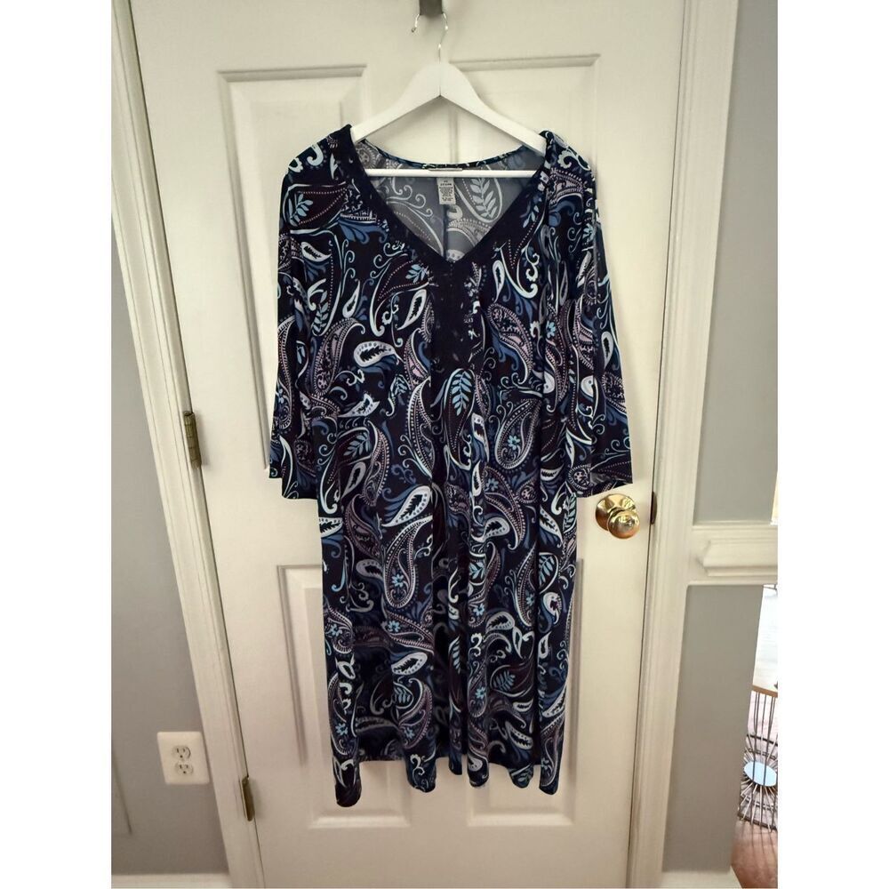 Catherine’s Blue & Lavender Paisley Crochet Trim MIDI Dress sz 2X NWOT